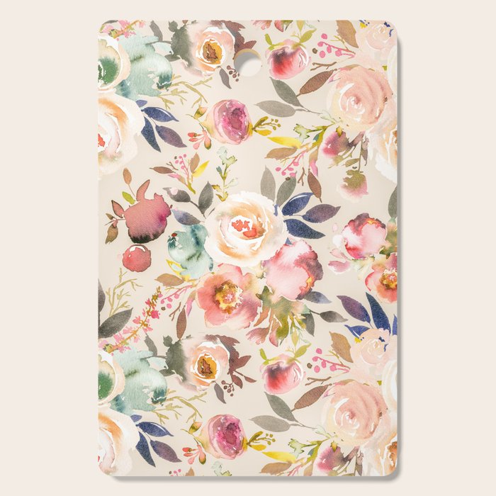 Hand painted ivory pink brown watercolor country floral Cutting Board Gallery Image 1