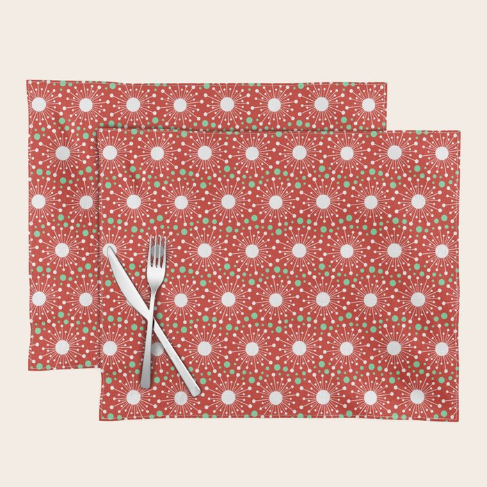 Christmas Holiday MidCentury Modern Atomic Snowflakes in Red Green and White Placemat Gallery Image 1