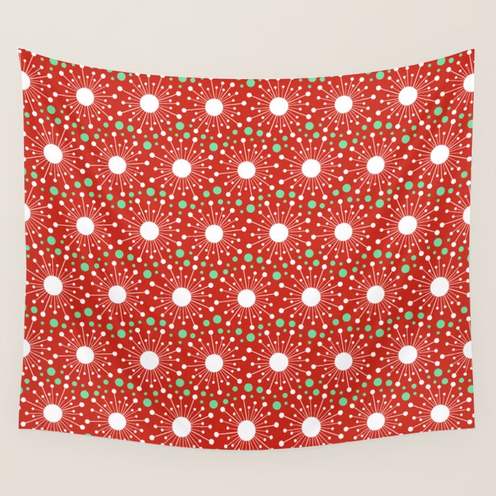 Christmas Holiday MidCentury Modern Atomic Snowflakes in Red Green and White Wall Tapestry Gallery Image 1
