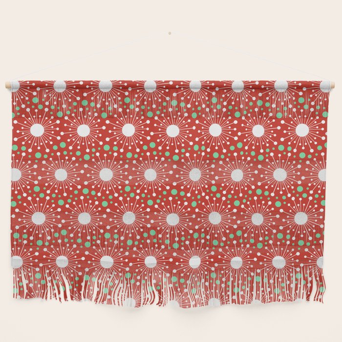 Christmas Holiday MidCentury Modern Atomic Snowflakes in Red Green and White Wall Hanging Gallery Image 1