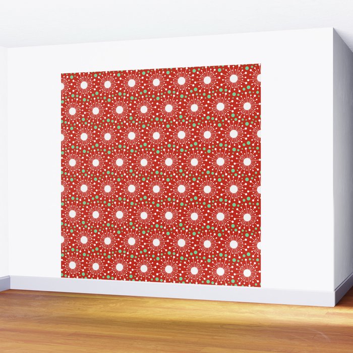 Christmas Holiday MidCentury Modern Atomic Snowflakes in Red Green and White Wall Mural Gallery Image 2