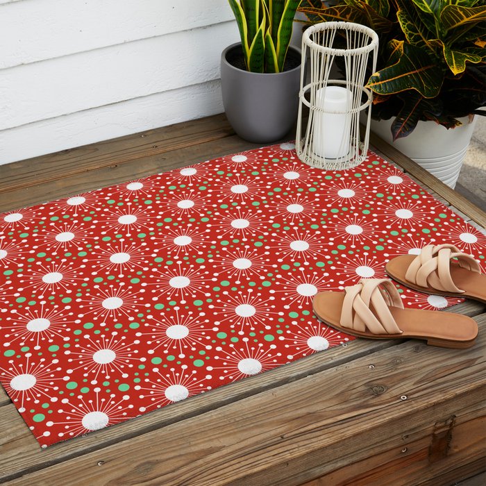 Christmas Holiday MidCentury Modern Atomic Snowflakes in Red Green and White Outdoor Rug Gallery Image 2