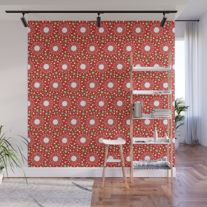Christmas Holiday MidCentury Modern Atomic Snowflakes in Red Green and White Wall Mural