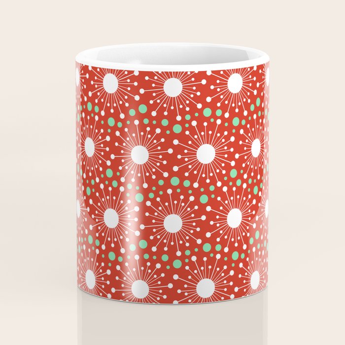Christmas Holiday MidCentury Modern Atomic Snowflakes in Red Green and White Coffee Mug Gallery Image 4