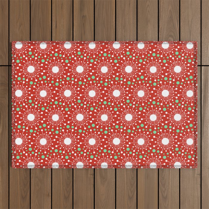 Christmas Holiday MidCentury Modern Atomic Snowflakes in Red Green and White Outdoor Rug Gallery Image 1
