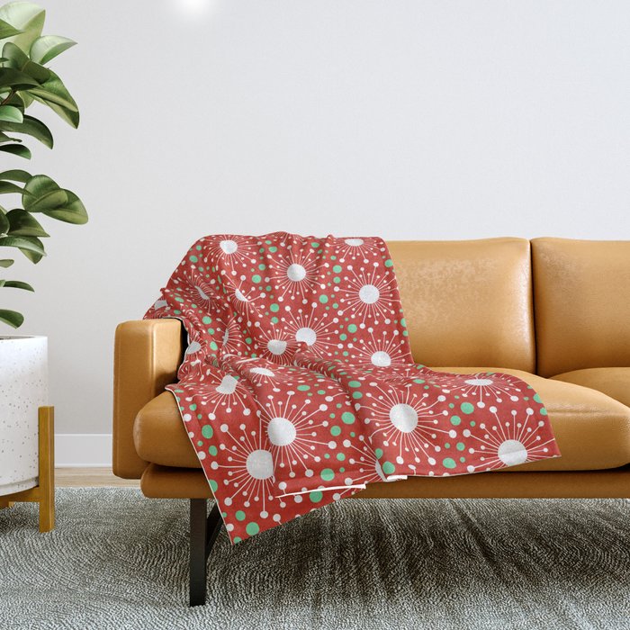 Christmas Holiday MidCentury Modern Atomic Snowflakes in Red Green and White Throw Blanket Gallery Image 1