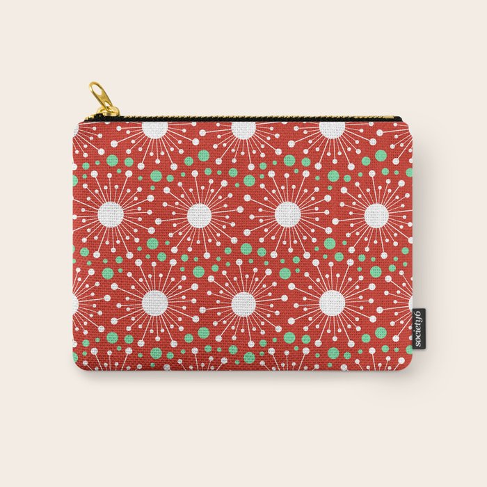 Christmas Holiday MidCentury Modern Atomic Snowflakes in Red Green and White Carry All Pouch Gallery Image 1