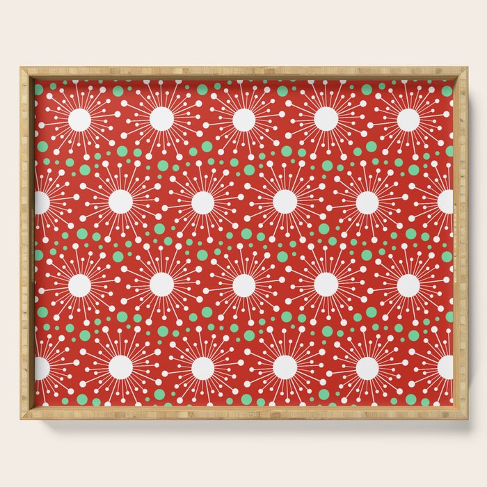 Christmas Holiday MidCentury Modern Atomic Snowflakes in Red Green and White Serving Tray Gallery Image 1
