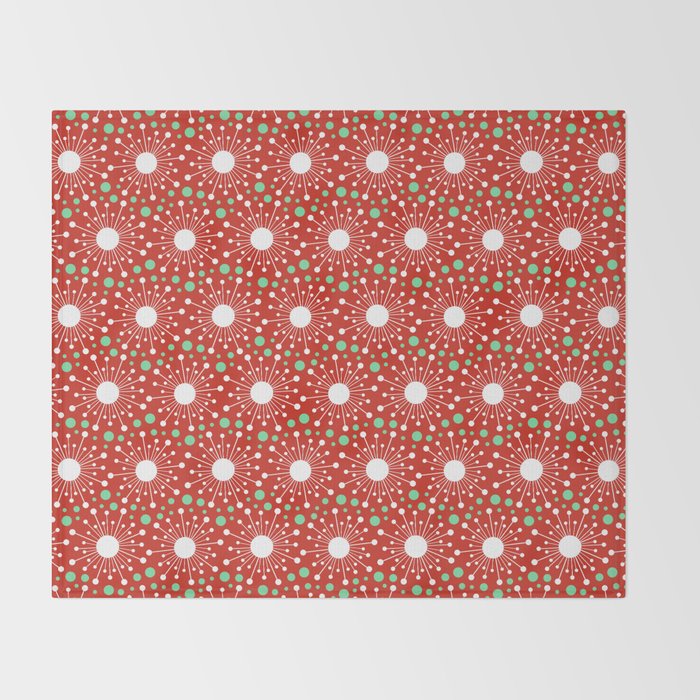 Christmas Holiday MidCentury Modern Atomic Snowflakes in Red Green and White Throw Blanket Gallery Image 2