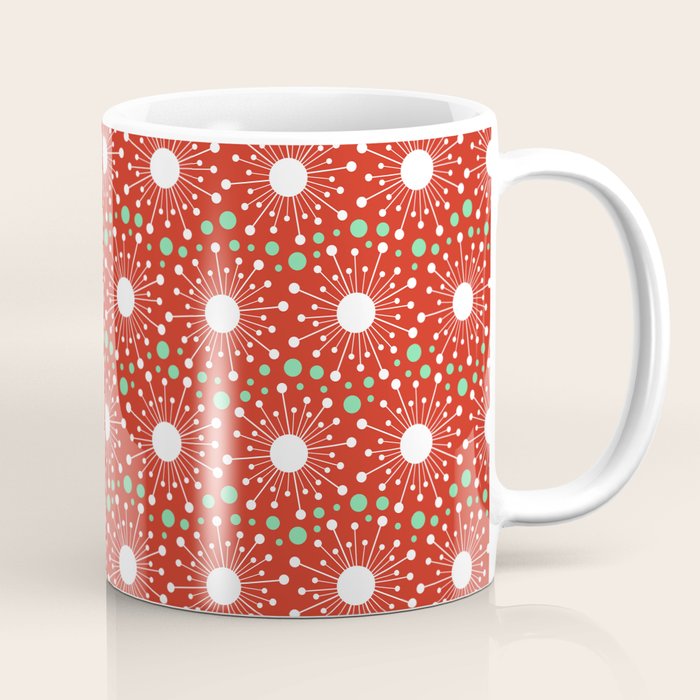 Christmas Holiday MidCentury Modern Atomic Snowflakes in Red Green and White Coffee Mug Gallery Image 1