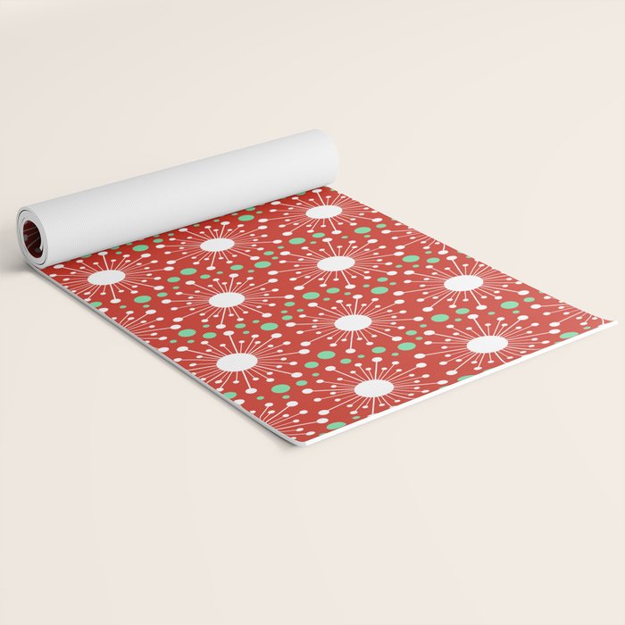 Christmas Holiday MidCentury Modern Atomic Snowflakes in Red Green and White Yoga Mat Gallery Image 2