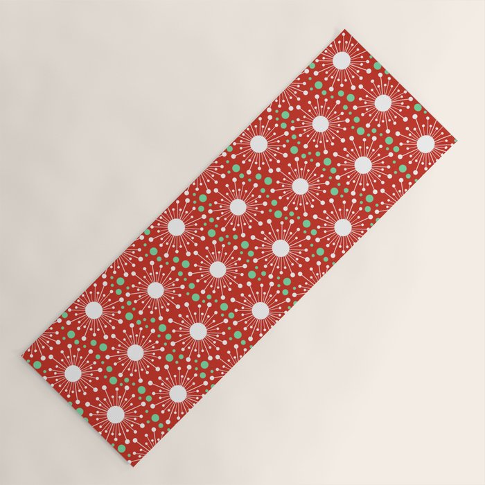 Christmas Holiday MidCentury Modern Atomic Snowflakes in Red Green and White Yoga Mat Gallery Image 1
