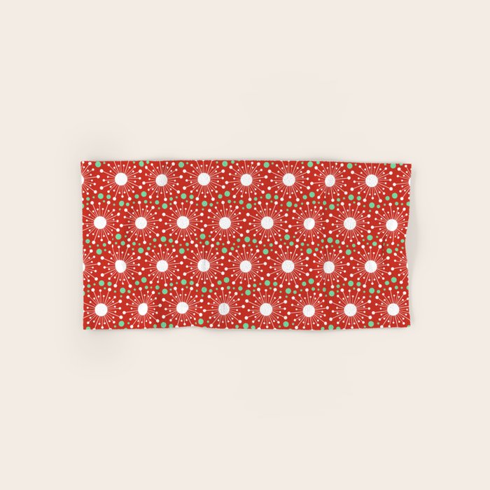 Christmas Holiday MidCentury Modern Atomic Snowflakes in Red Green and White Bath Towel Gallery Image 1