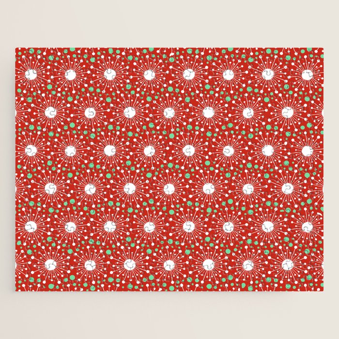 Christmas Holiday MidCentury Modern Atomic Snowflakes in Red Green and White Jigsaw Puzzle Gallery Image 1