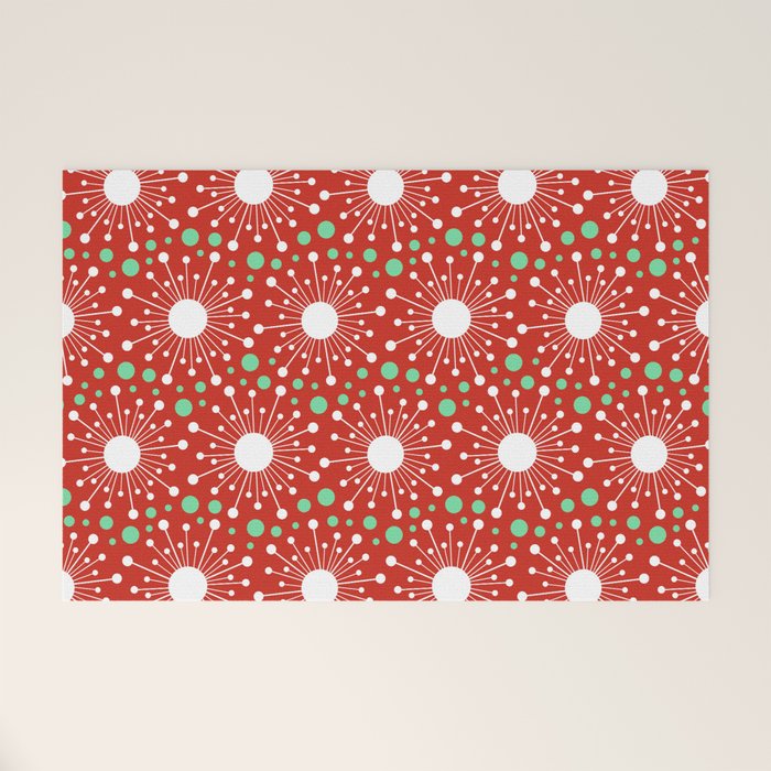 Christmas Holiday MidCentury Modern Atomic Snowflakes in Red Green and White Welcome Mat Gallery Image 1