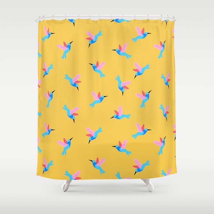 Hummingbirds on Yellow Pattern Shower Curtain Gallery Image 1