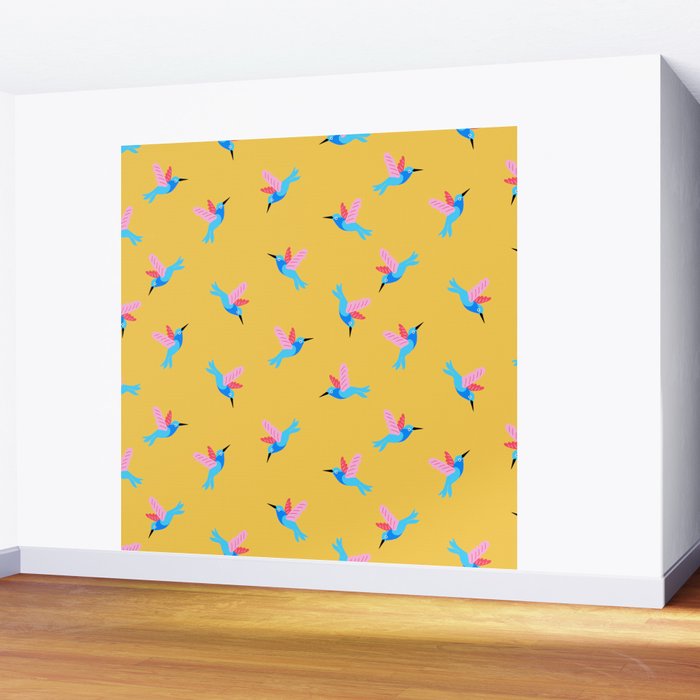 Hummingbirds on Yellow Pattern Wall Mural Gallery Image 2