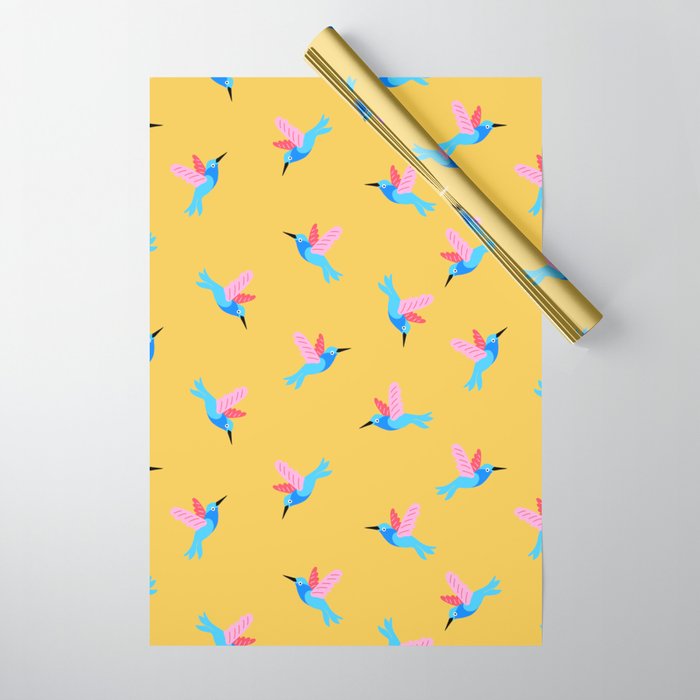 Hummingbirds on Yellow Pattern Wrapping Paper Gallery Image 1