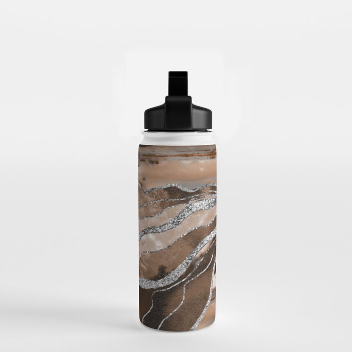 Brown Marble Agate Silver Glitter Glam #1 (Faux Glitter) #decor #art #society6 Water Bottle Gallery Image 2