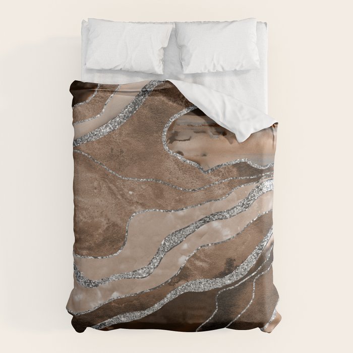 Brown Marble Agate Silver Glitter Glam #1 (Faux Glitter) #decor #art #society6 Duvet Cover Gallery Image 6