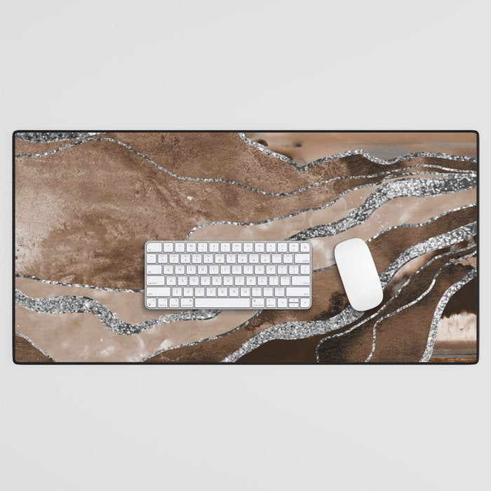 Brown Marble Agate Silver Glitter Glam #1 (Faux Glitter) #decor #art #society6 Desk Mat Gallery Image 1