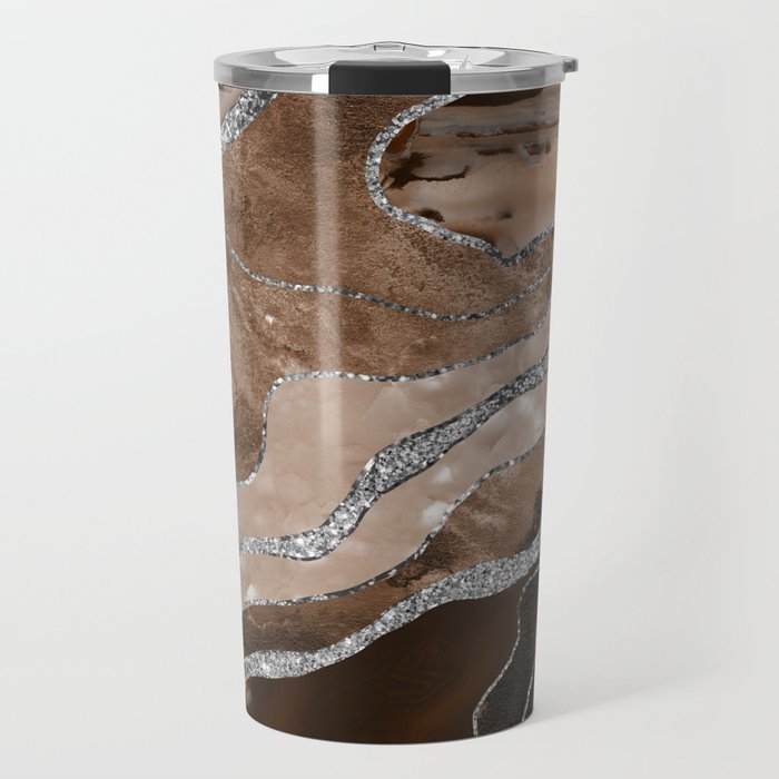 Brown Marble Agate Silver Glitter Glam #1 (Faux Glitter) #decor #art #society6 Travel Mug Gallery Image 1