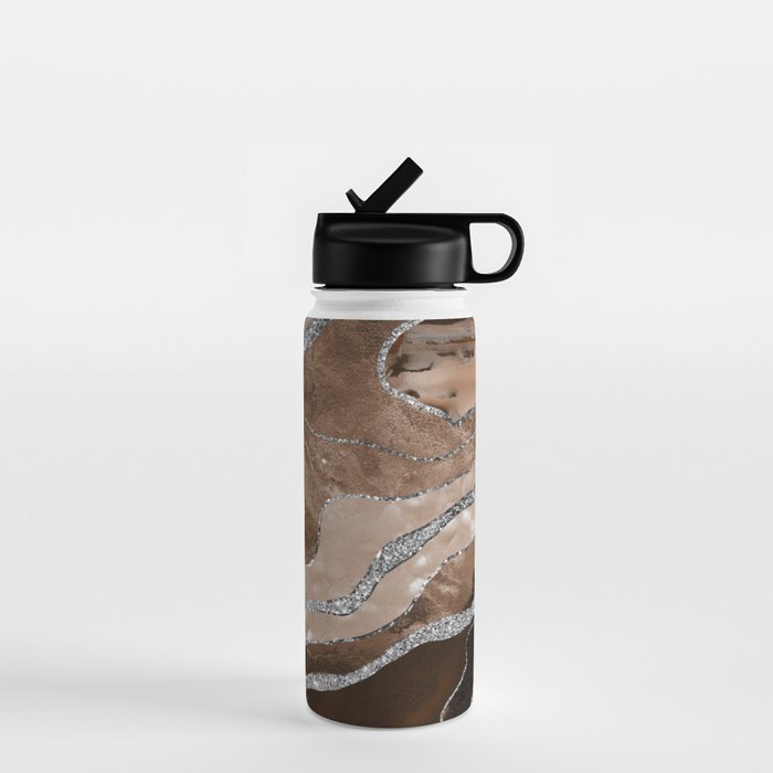 Brown Marble Agate Silver Glitter Glam #1 (Faux Glitter) #decor #art #society6 Water Bottle Gallery Image 1
