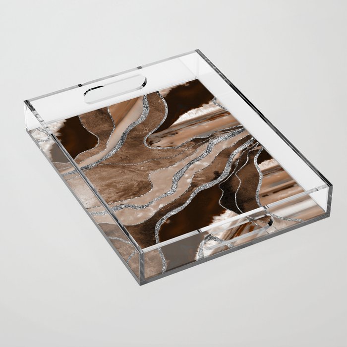Brown Marble Agate Silver Glitter Glam #1 (Faux Glitter) #decor #art #society6 Acrylic Tray Gallery Image 1