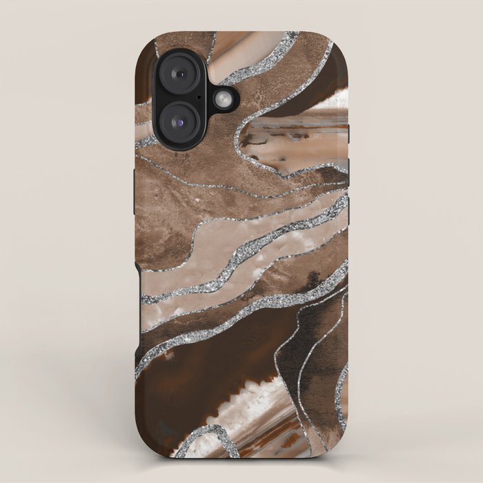 Brown Marble Agate Silver Glitter Glam #1 (Faux Glitter) #decor #art #society6 iPhone Case Gallery Image 1