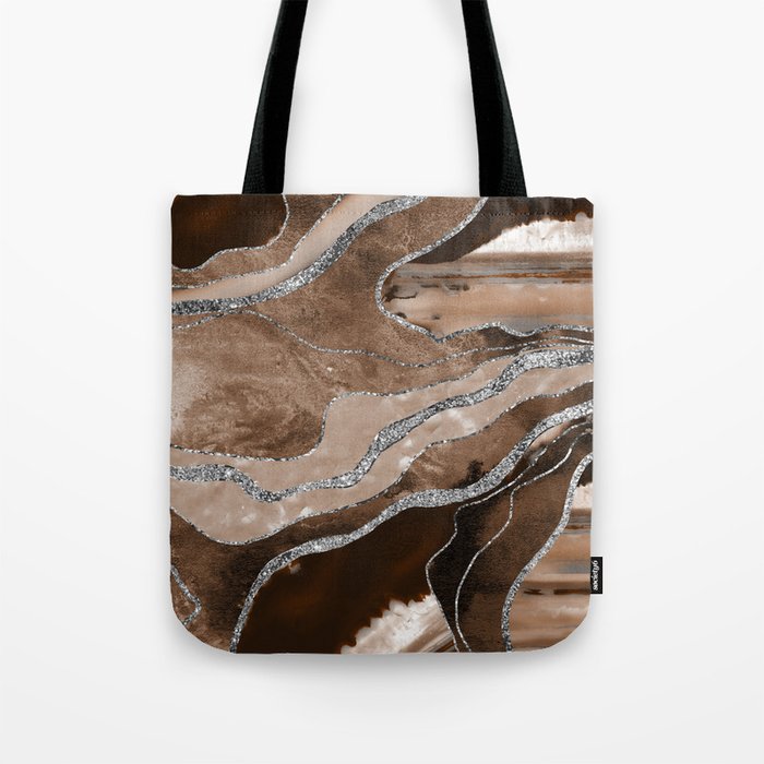 Brown Marble Agate Silver Glitter Glam #1 (Faux Glitter) #decor #art #society6 Tote Bag Gallery Image 1
