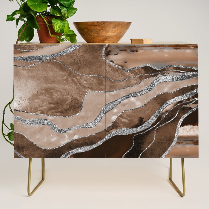 Brown Marble Agate Silver Glitter Glam #1 (Faux Glitter) #decor #art #society6 Credenza Gallery Image 1