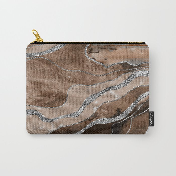 Brown Marble Agate Silver Glitter Glam #1 (Faux Glitter) #decor #art #society6 Carry All Pouch Gallery Image 1