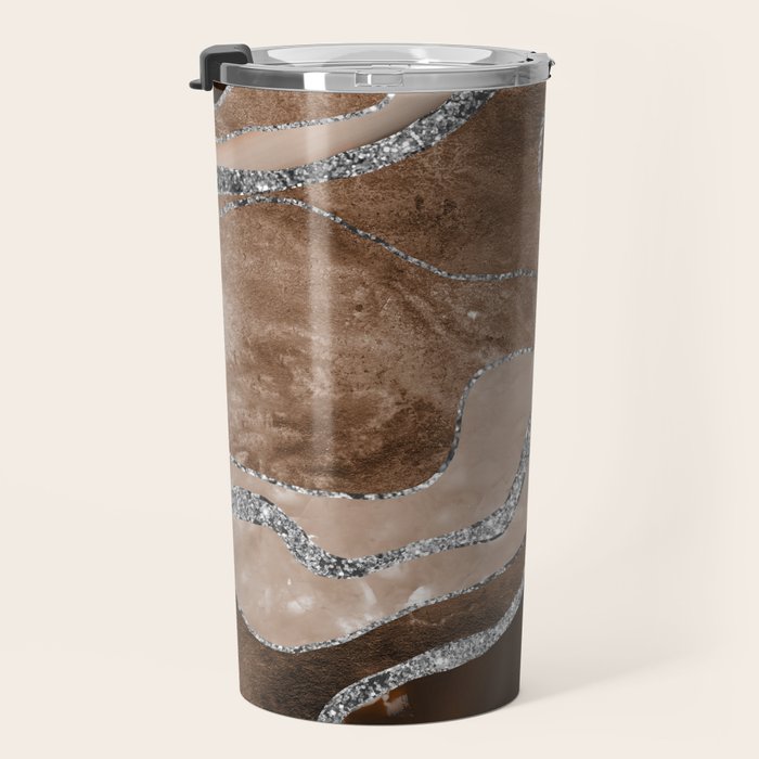 Brown Marble Agate Silver Glitter Glam #1 (Faux Glitter) #decor #art #society6 Travel Mug Gallery Image 3