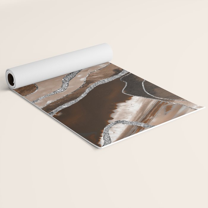 Brown Marble Agate Silver Glitter Glam #1 (Faux Glitter) #decor #art #society6 Yoga Mat Gallery Image 2