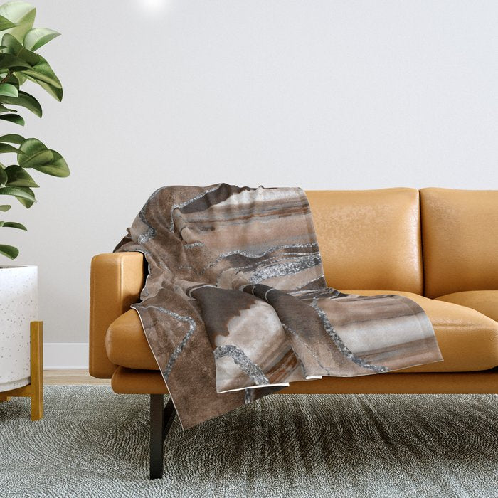 Brown Marble Agate Silver Glitter Glam #1 (Faux Glitter) #decor #art #society6 Throw Blanket Gallery Image 1