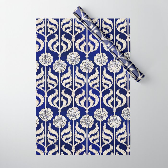 Art Deco Florals On Dark Blue Wrapping Paper Gallery Image 1