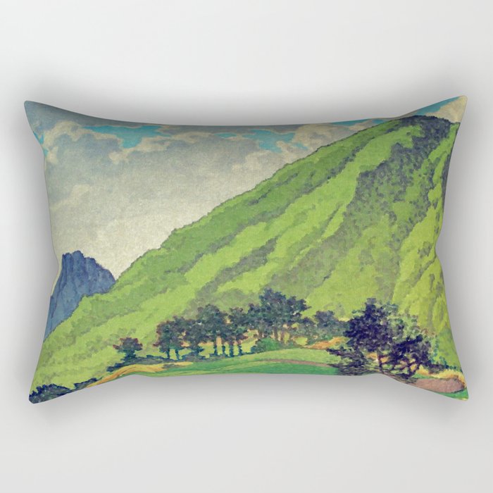 Iksey Crossing - Summer Green Mountain Ukiyoe Nature Landscape Rectangular Pillow Gallery Image 1