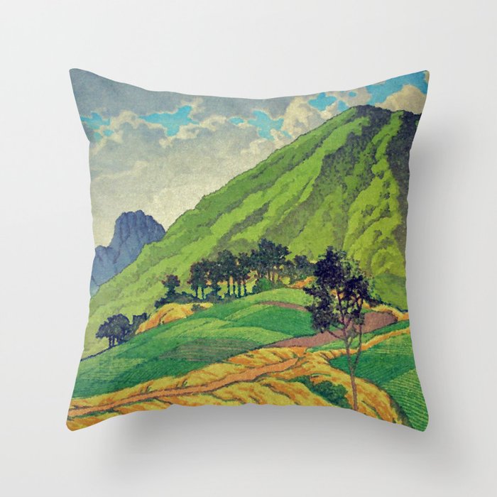 Iksey Crossing - Summer Green Mountain Ukiyoe Nature Landscape Throw Pillow Gallery Image 1