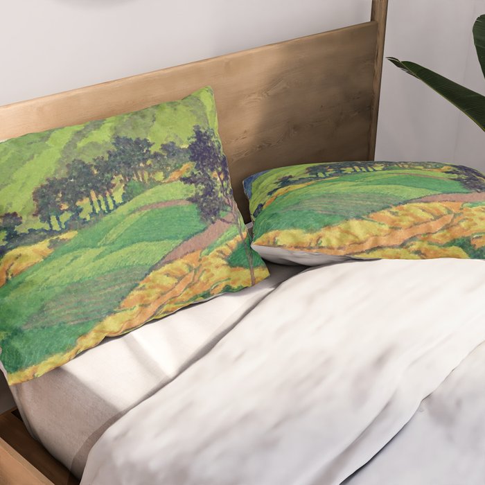 Iksey Crossing - Summer Green Mountain Ukiyoe Nature Landscape Pillow Sham Gallery Image 2