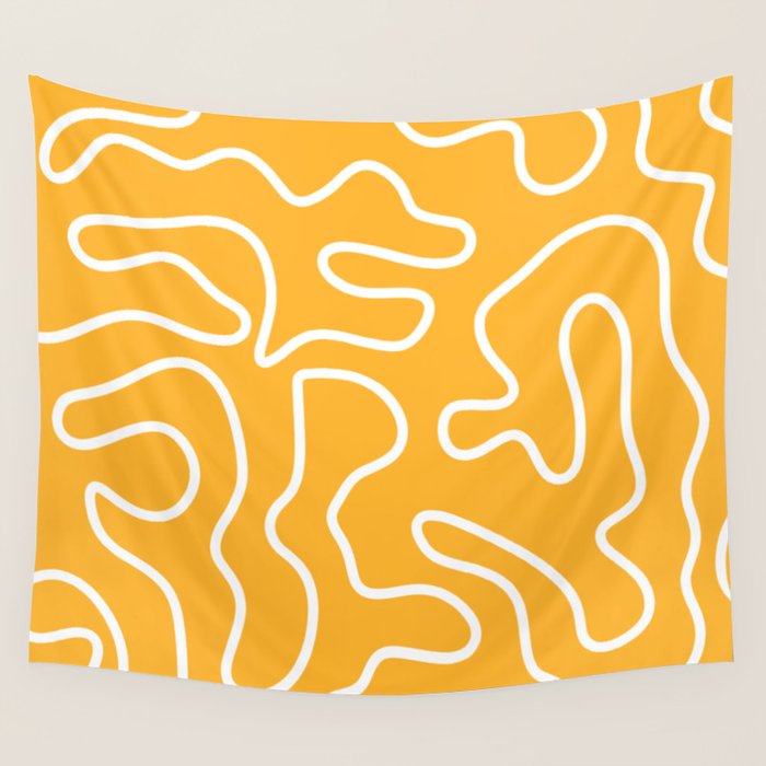 Squiggle Maze Abstract Minimalist Pattern in Mustard and White Wall Tapestry Gallery Image 1