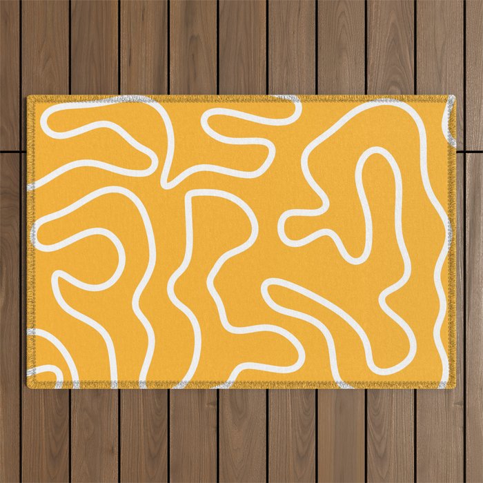 Squiggle Maze Abstract Minimalist Pattern in Mustard and White Outdoor Rug Gallery Image 1