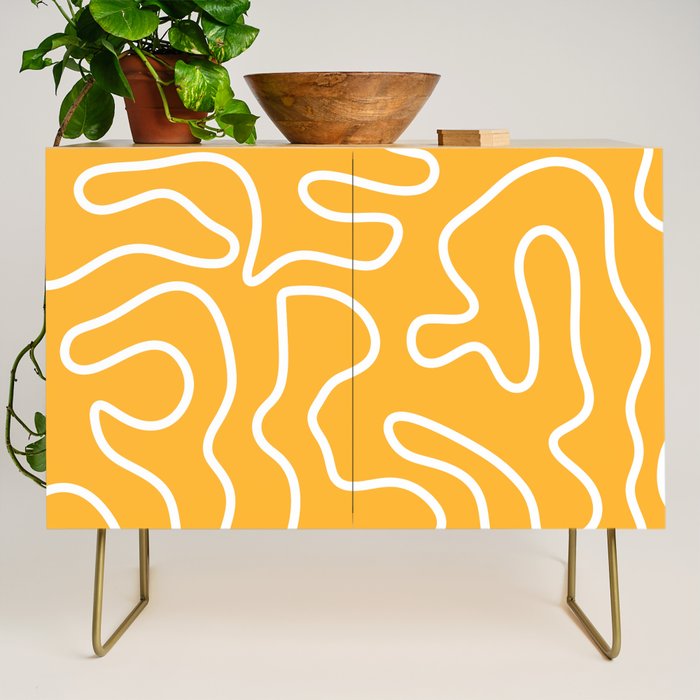 Squiggle Maze Abstract Minimalist Pattern in Mustard and White Credenza Gallery Image 1