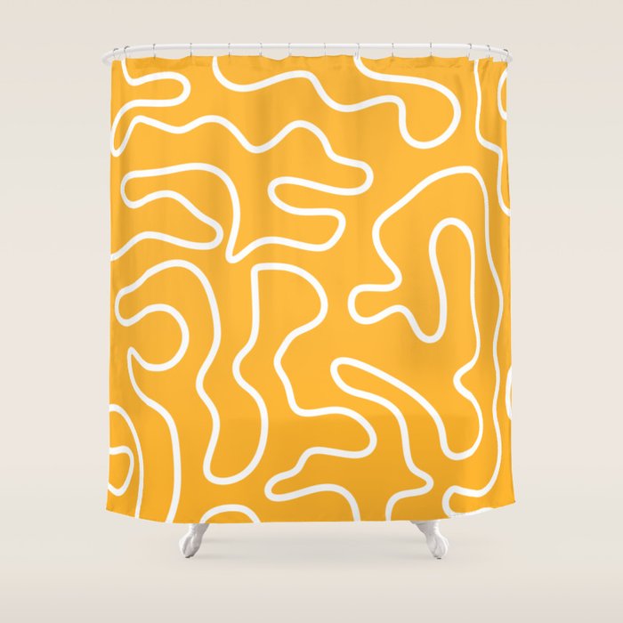 Squiggle Maze Abstract Minimalist Pattern in Mustard and White Shower Curtain Gallery Image 1