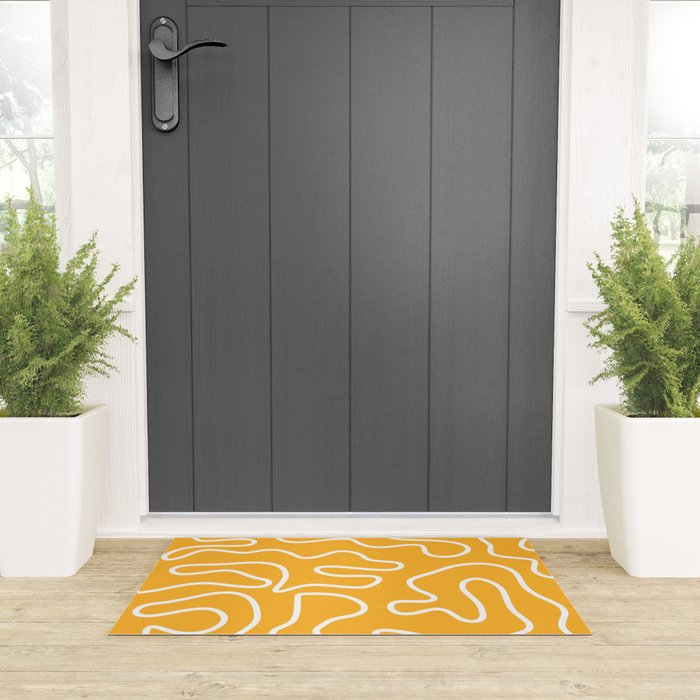 Squiggle Maze Abstract Minimalist Pattern in Mustard and White Welcome Mat Gallery Image 3