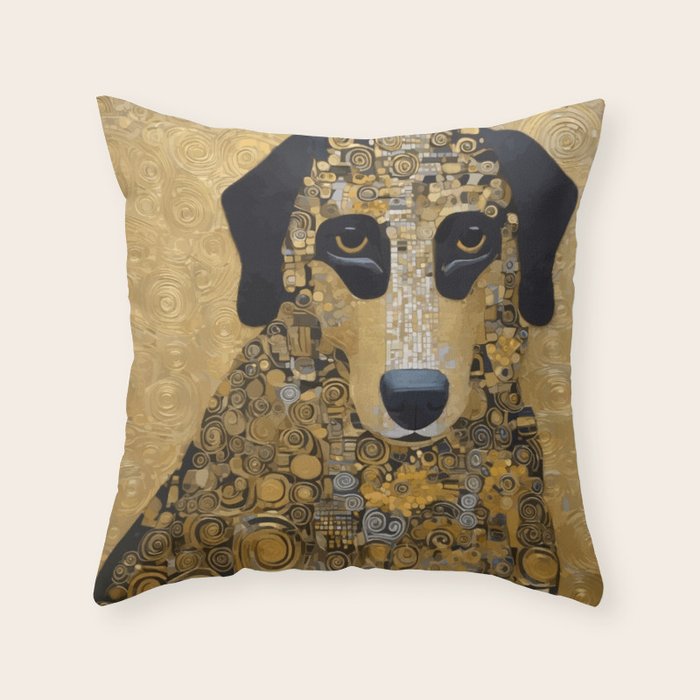 Black and Gold Klimt Dog Throw Pillow Gallery Image 1