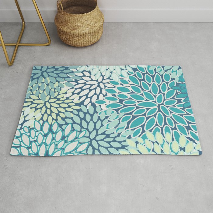 Christmas, Floral Prints, Teal, Blue and Green, Colour Prints Rug Gallery Image 1