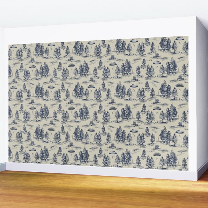 Alien Abduction Toile De Jouy Pattern in Blue Wall Mural Gallery Image 2
