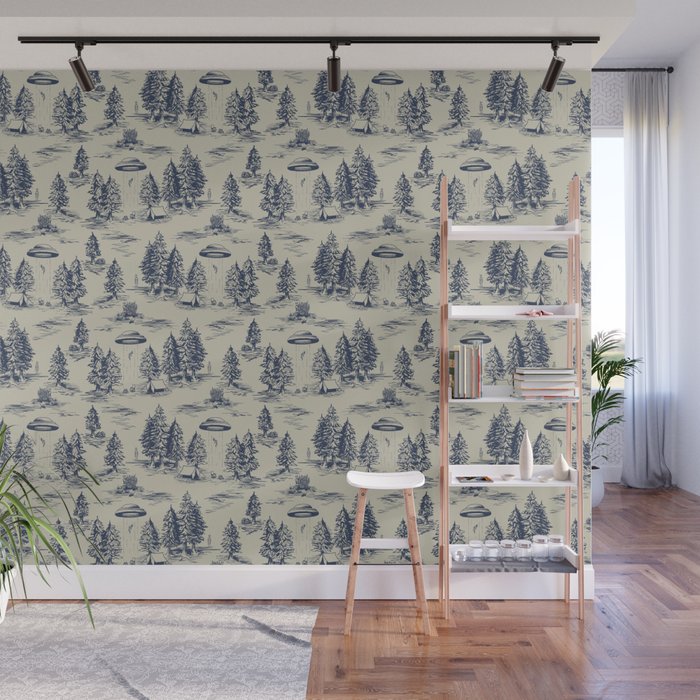 Alien Abduction Toile De Jouy Pattern in Blue Wall Mural Gallery Image 1