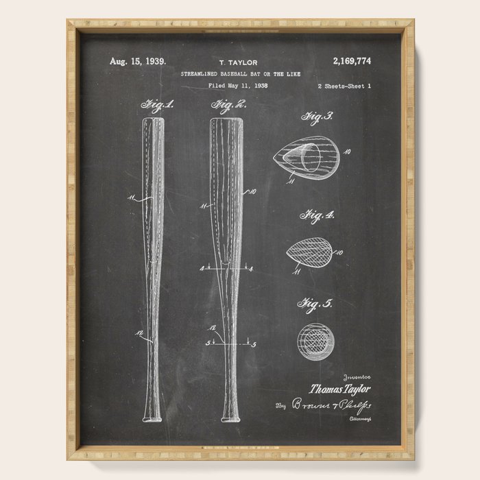 Baseball Bat Patent - Baseball Art - Black Chalkboard Serving Tray Gallery Image 1