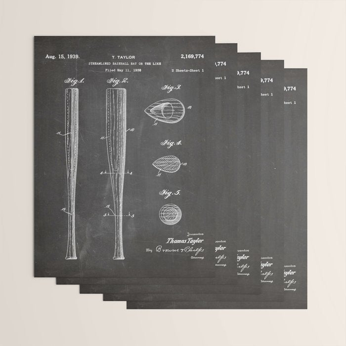 Baseball Bat Patent - Baseball Art - Black Chalkboard Wrapping Paper Gallery Image 3